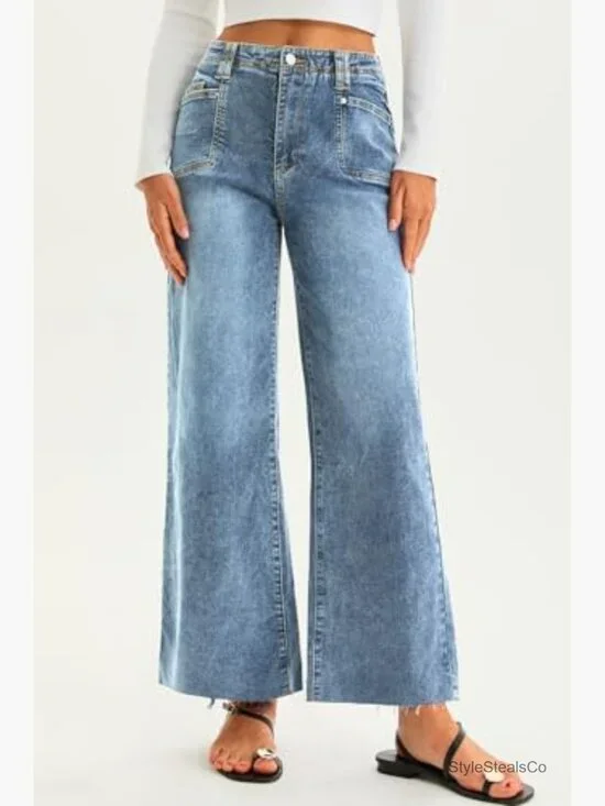 Size 10 High Waisted Cropped Jeans Stretchy Baggy Straight Leg Raw Hem Denim - Picture 6 of 7